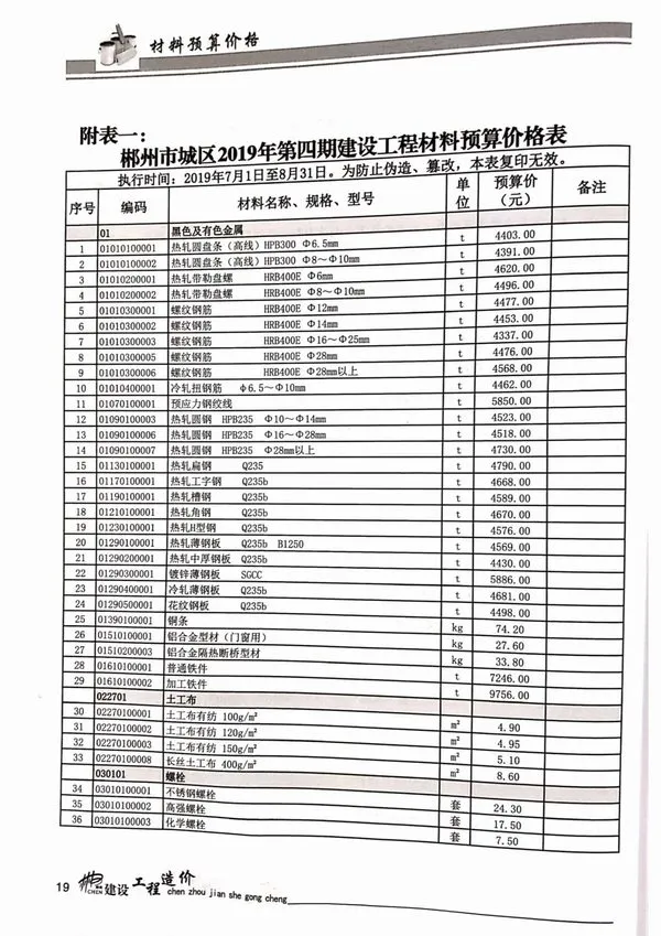 郴州2019年第4期建设工程造价