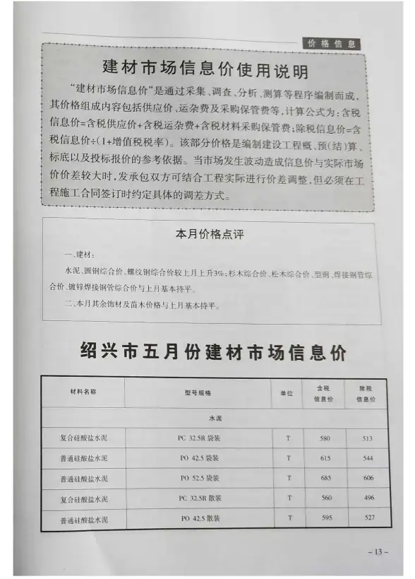 绍兴市2019年第5期材料造价信息