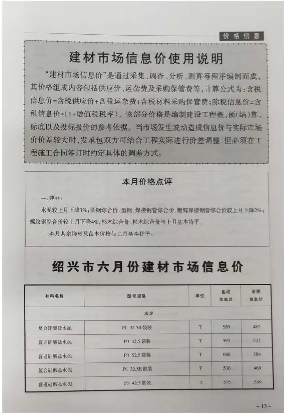绍兴市2019年第6期材料造价信息