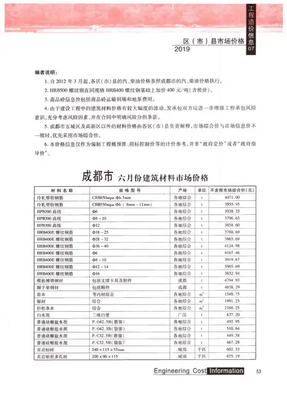 成都市2019年7月招标造价信息