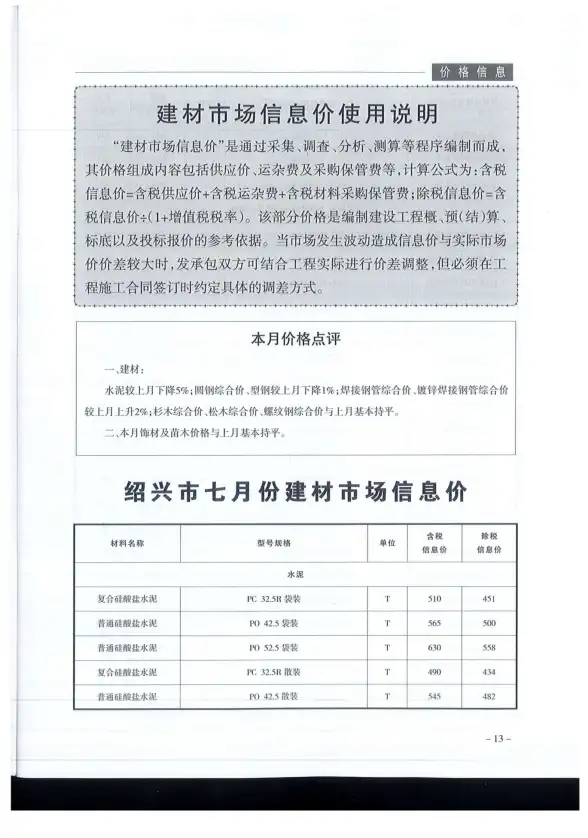绍兴市2019年7月材料造价信息