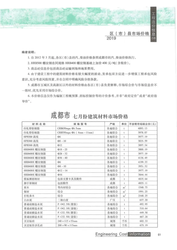 成都市2019年8月材料价格信息PDF第一页