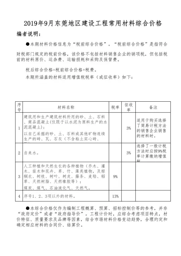 东莞市2019年9月招标造价信息