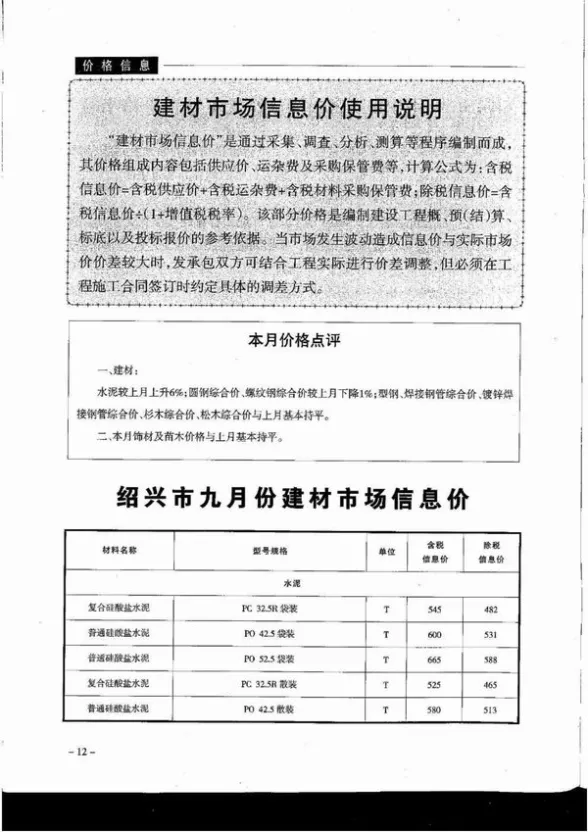 绍兴市2019年9月材料造价信息