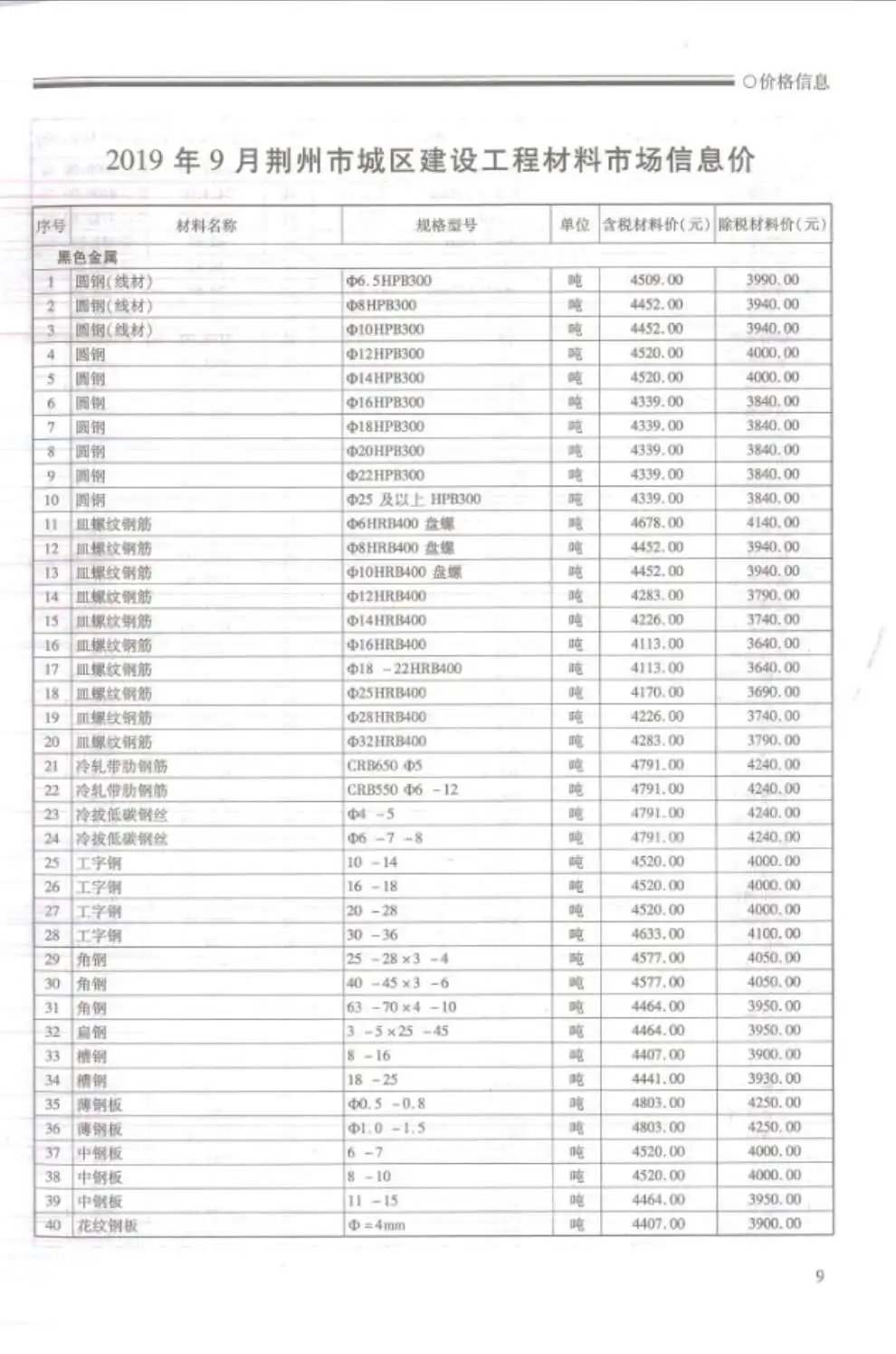 2019年9月荆州建设工程造价信息