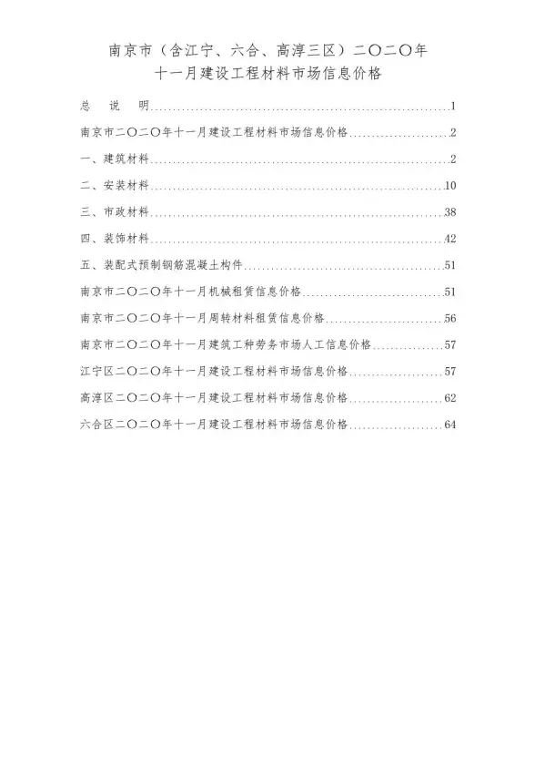 南京市2020年11月投标造价信息