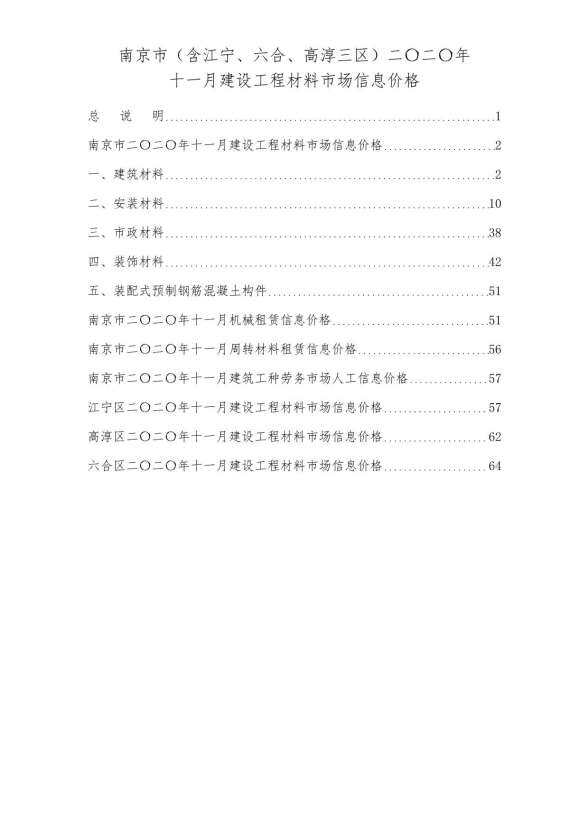 南京市2020年11月工程信息价