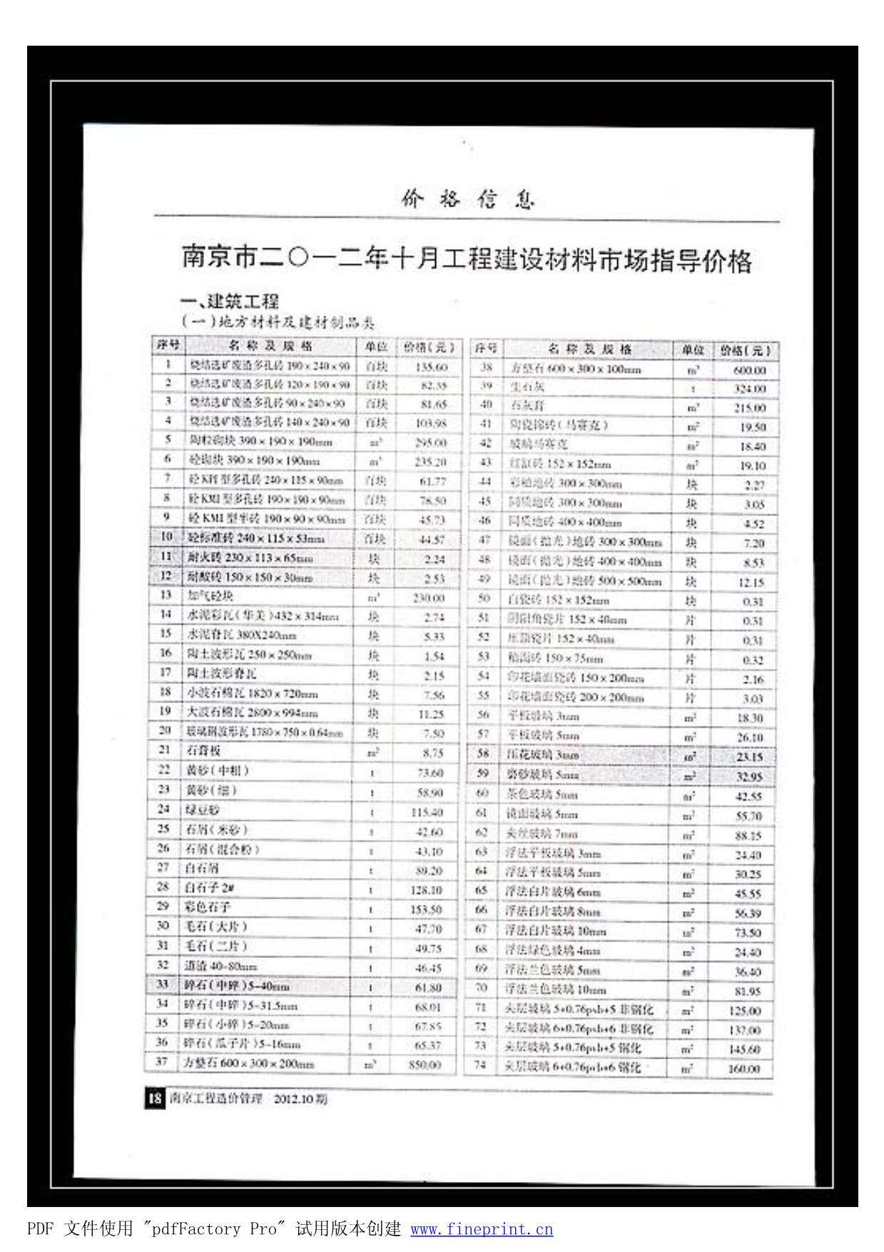 南京市2012年10月造价信息造价信息期刊PDF扫描件