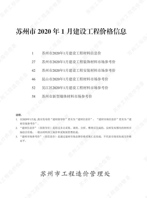 苏州市2020年第1期招标造价信息