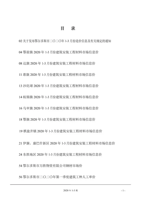 鄂尔多斯市2020年第1期工程造价信息