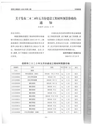 岳阳2020年第3期工程造价信息价PDF电子版