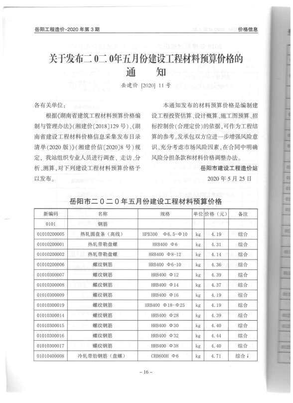 岳阳市2020年3月材料价格依据