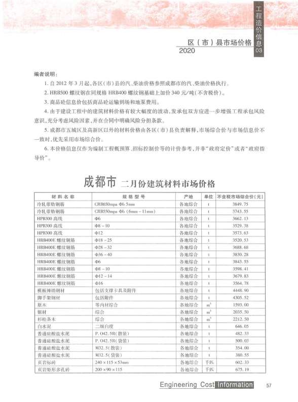 成都市2020年3期建材结算价