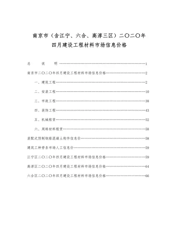 南京市2020年第4期投标造价信息