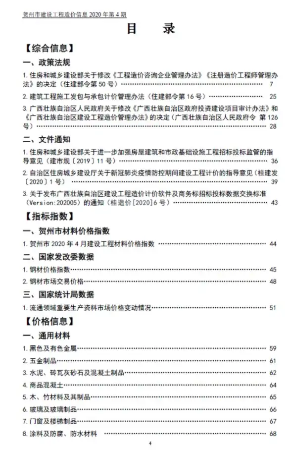贺州市2020年第4期结算造价信息