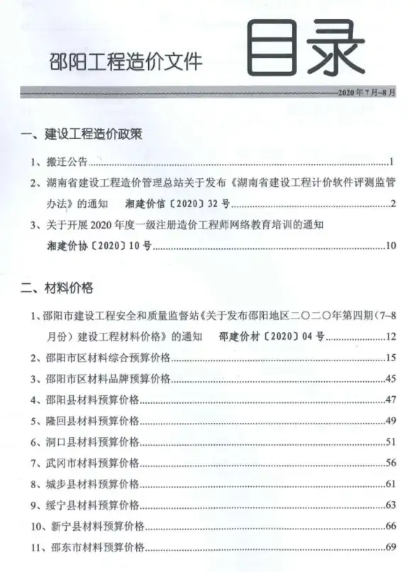 邵阳市2020年第4期造价信息