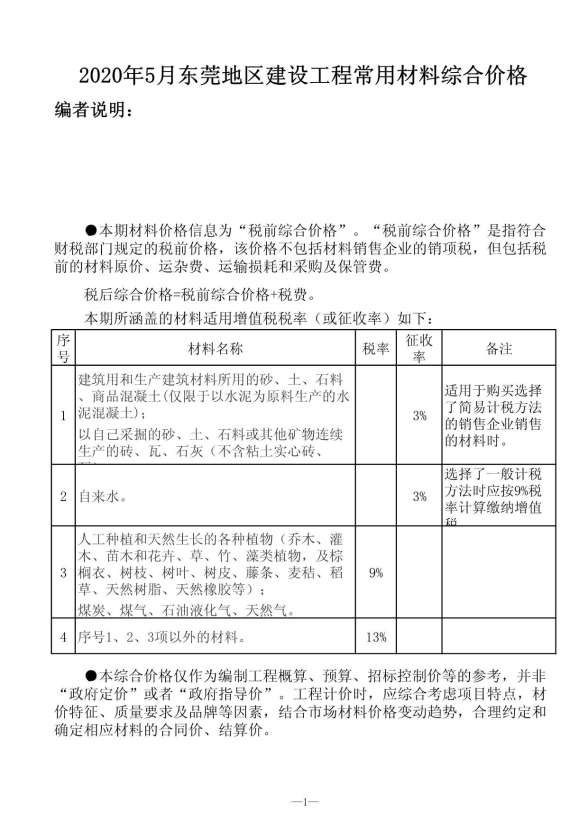 东莞市2020年5月招标造价信息