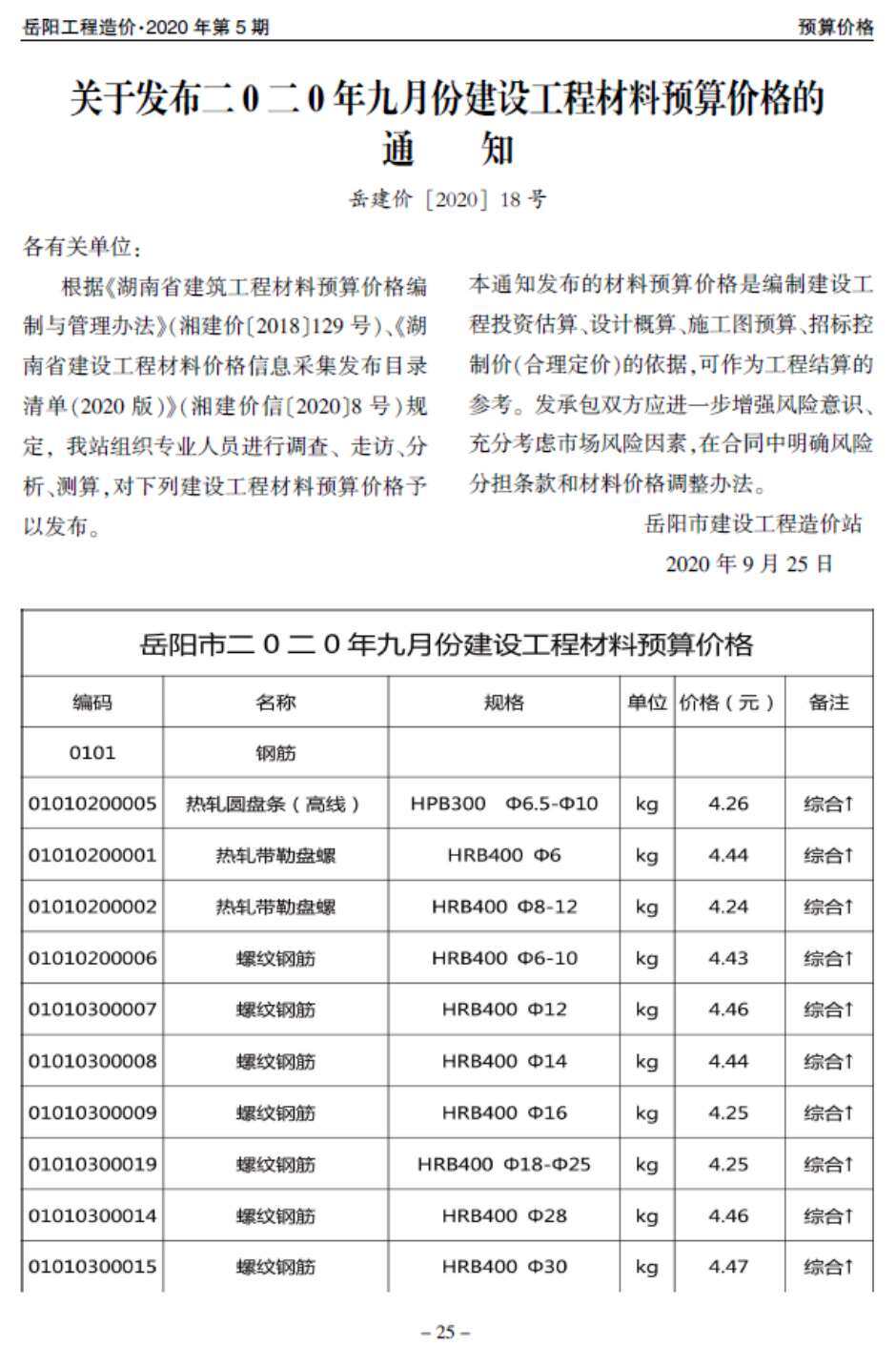 岳阳市2020年5月工程造价信息期刊