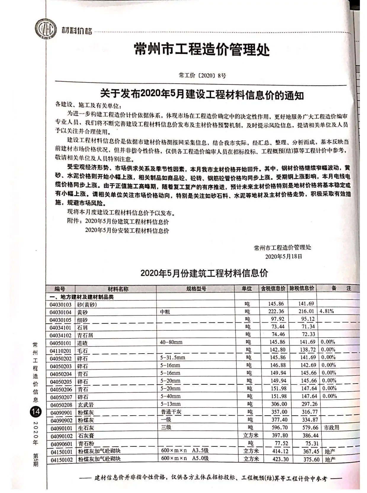 2020年第5期常州工程造价信息