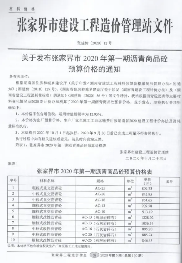 张家界市2020年第5期工程造价信息