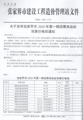 张家界市2020年5期造价信息覆盖面首图(工程材料定价参考)