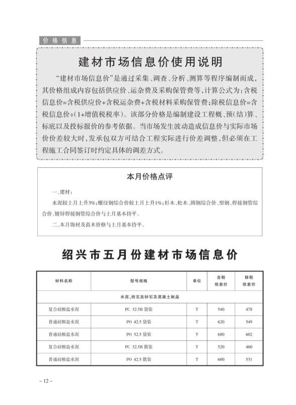 绍兴市2020年5期材料造价信息