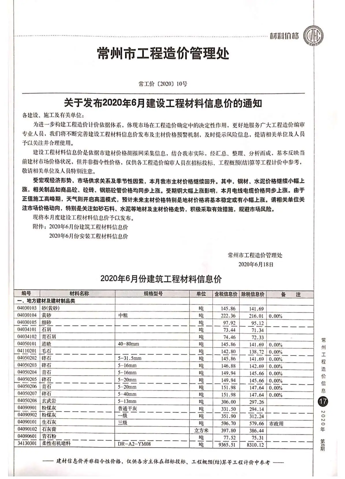 常州市2020年第6期电子版工程造价信息