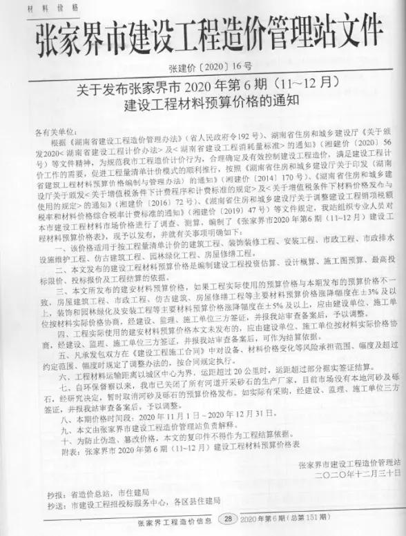 张家界市2020年第6期工程造价信息
