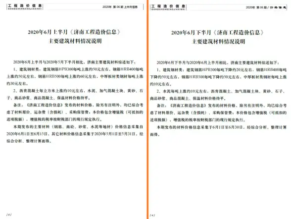 济南市2020年第6期结算造价信息