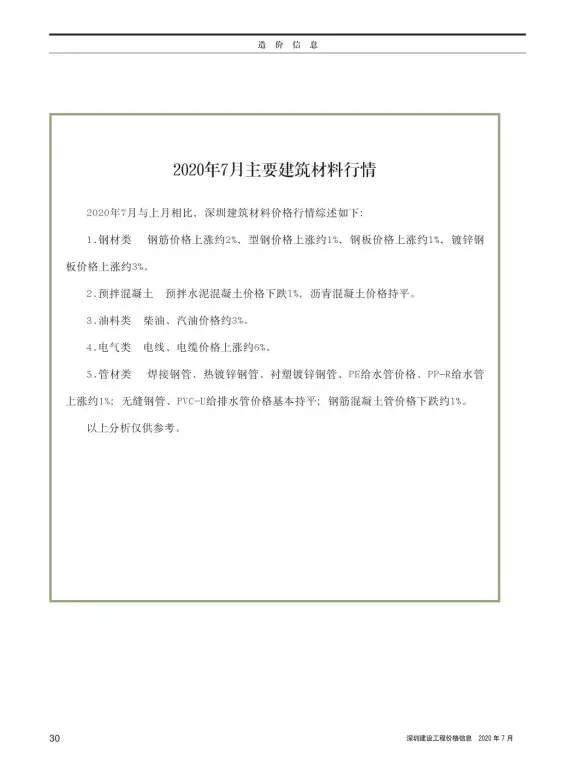 深圳市2020年7月材料造价信息