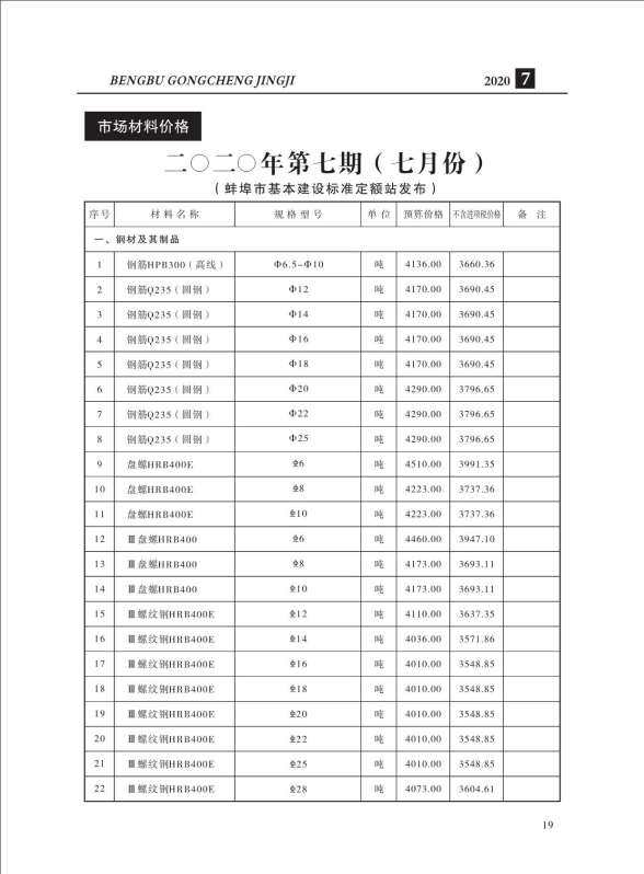 蚌埠市2020年7月材料价格信息