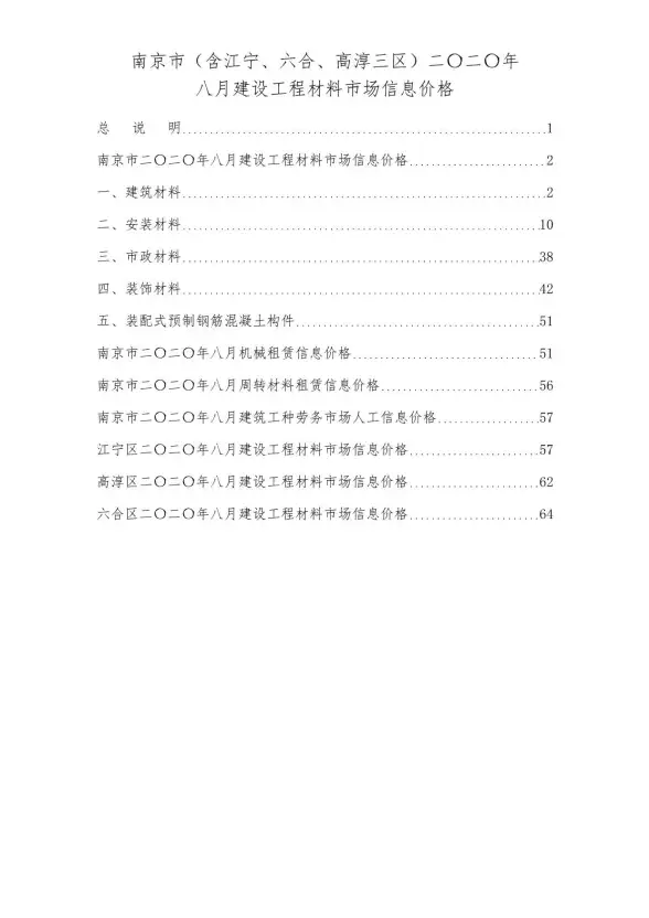 南京市2020年8月投标造价信息