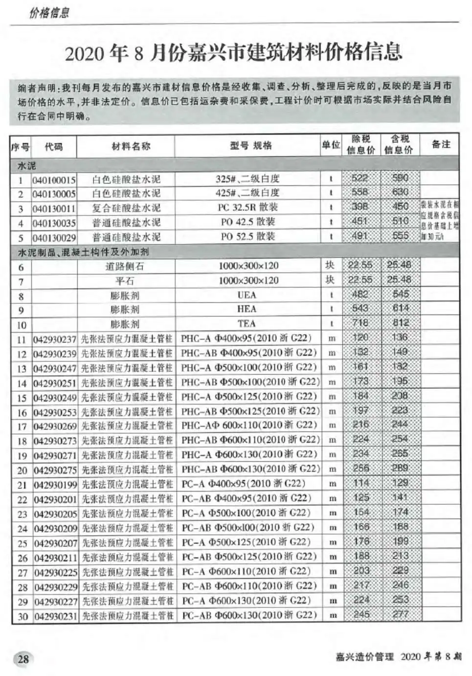 嘉兴市2020年8月电子版造价管理综合信息