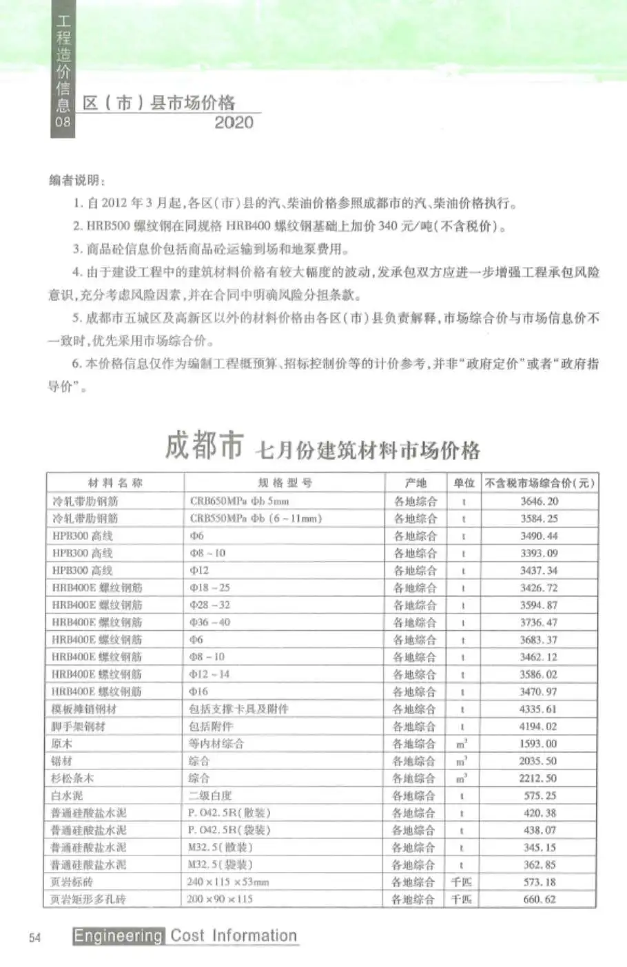 2020年8月成都市工程造价信息