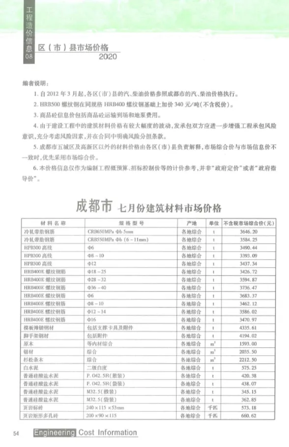 成都市2020年8月材料价格信息PDF第一页