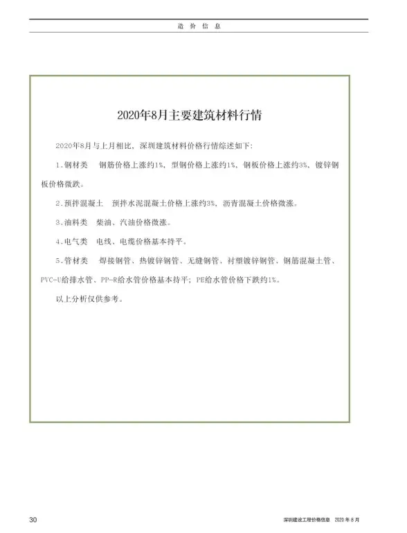 深圳市2020年8月材料造价信息