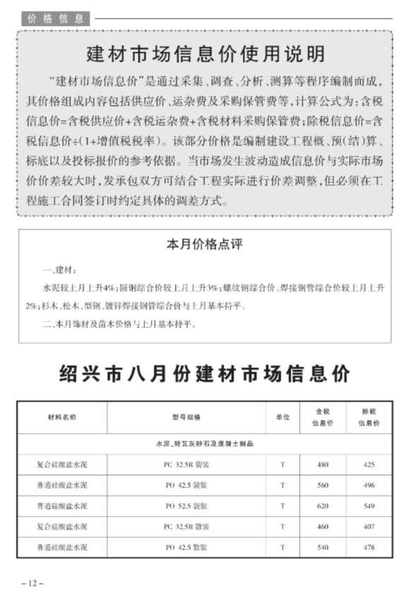 绍兴市2020年8月造价材料信息