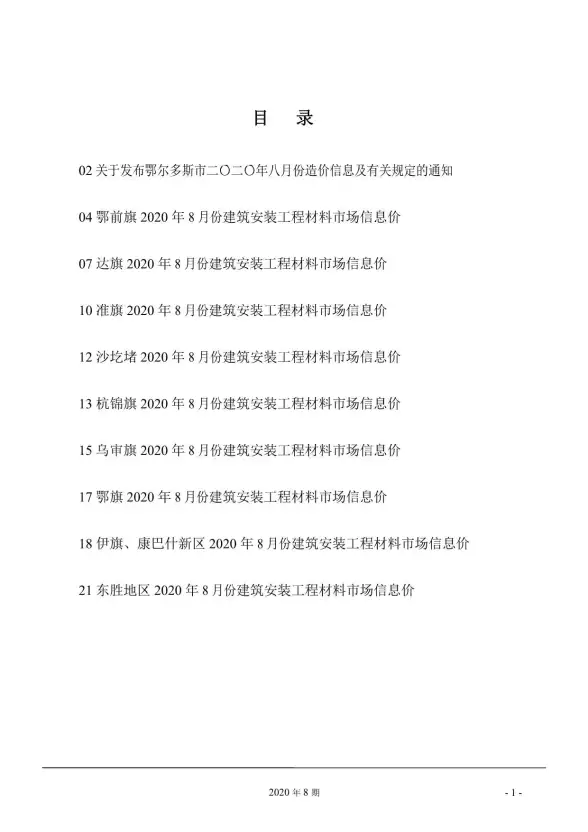 鄂尔多斯市2020年8月工程造价信息