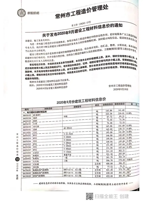 常州市2020年9月造价信息