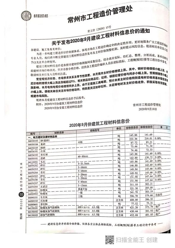 常州2020年9月建材指导价