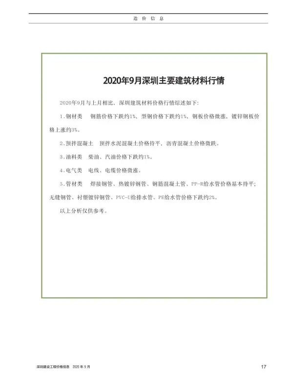 深圳市2020年9月材料造价信息