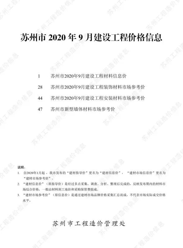 苏州市2020年9月招标造价信息