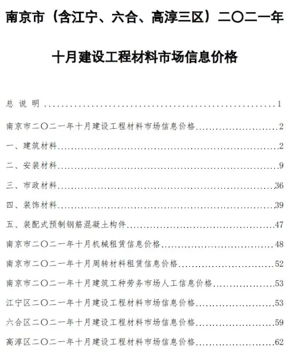 南京市2021年10月工程造价信息