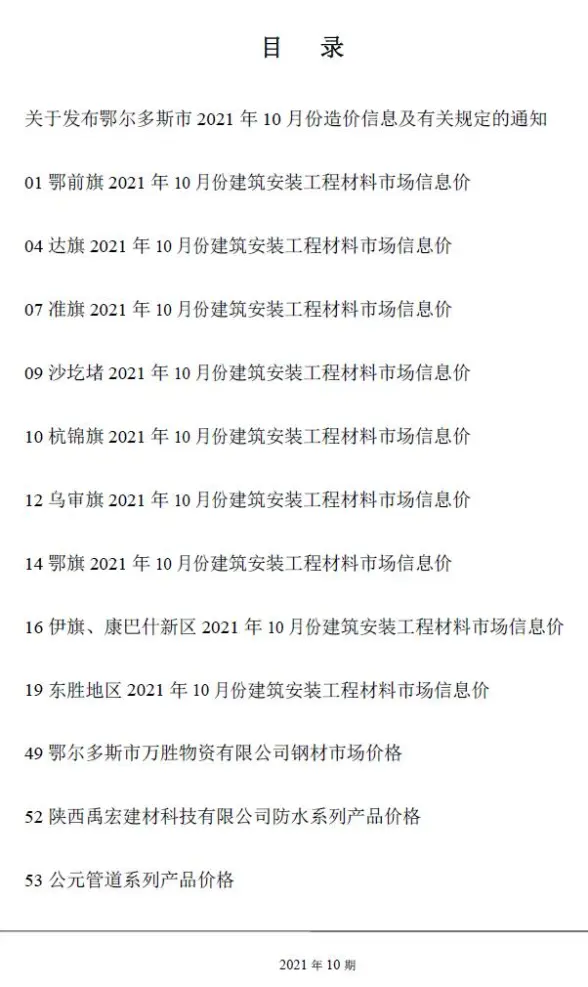 鄂尔多斯市2021年10月结算造价信息