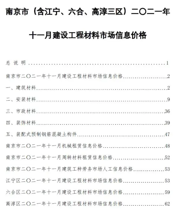 南京市2021年11月工程造价信息