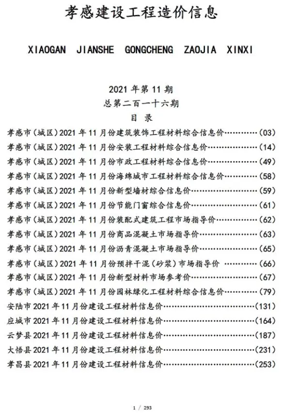 孝感市2021年11月投标造价信息