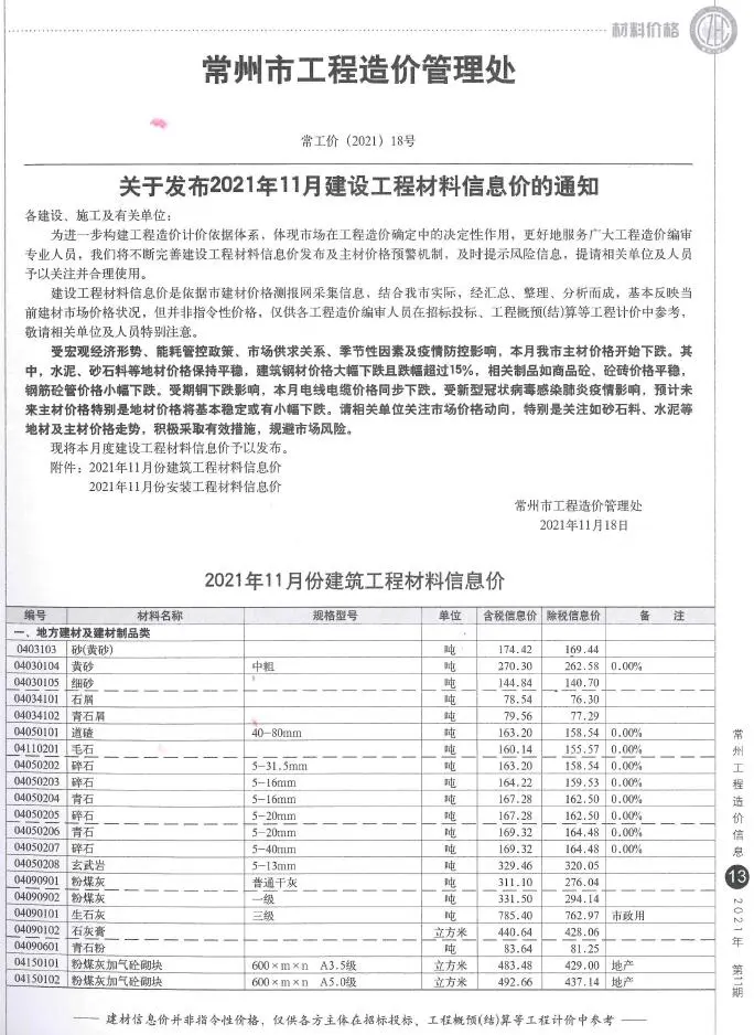 2021年11月常州工程造价信息