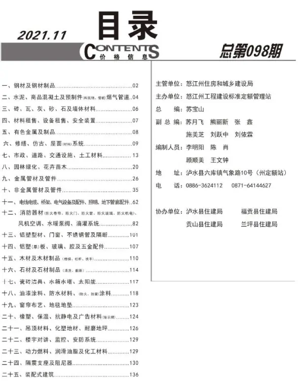 怒江州2021年11月预算造价信息