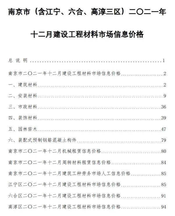 2021年12月南京建设工程材料市场信息价格电子版