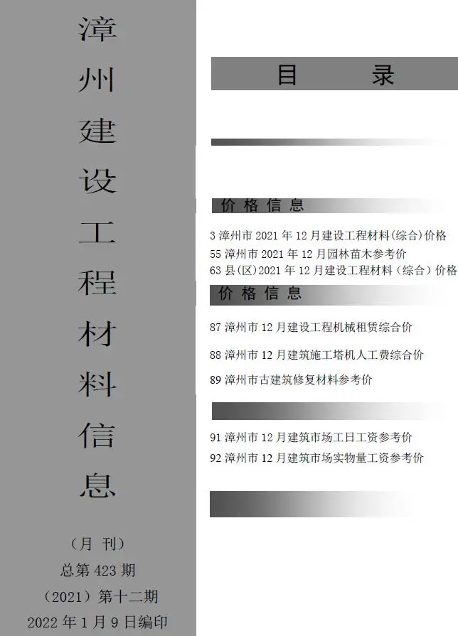 2021年12月漳州建设工程材料信息
